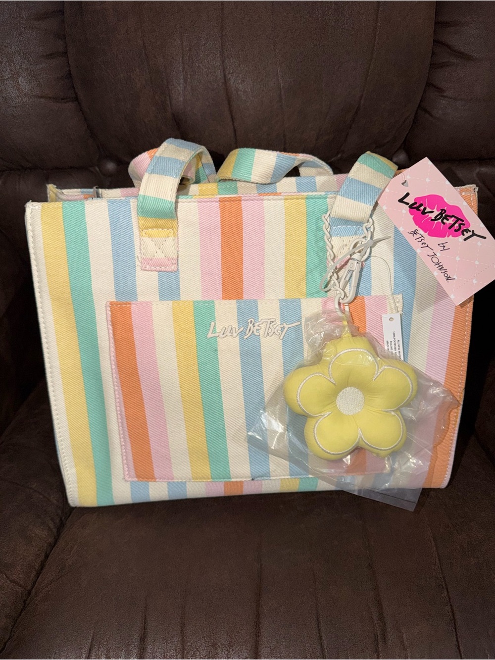 Betsey Johnson Pastel Multi-Color Striped Tote with Yellow Flower Charm